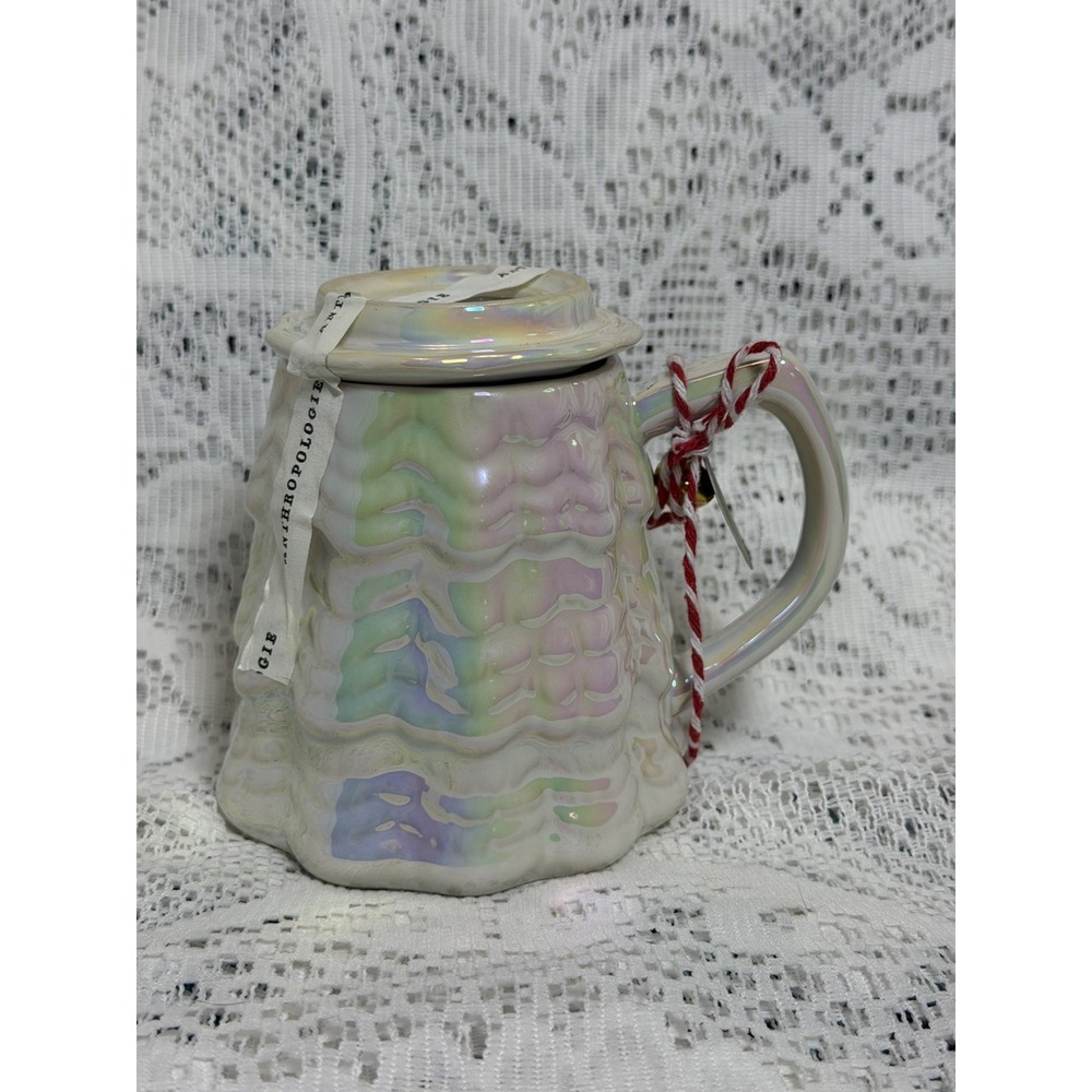 Anthropologie Merry Tree Lidded Stoneware Mug Pearl Iridescent Christmas New